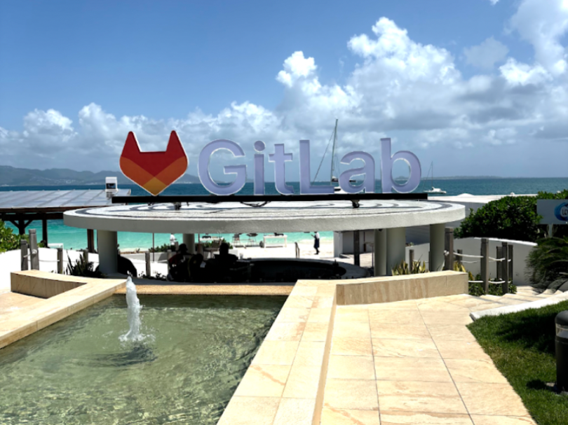 The GitLab logo displayed at a beachside resort in Anguilla during the company’s Presidents Club trip